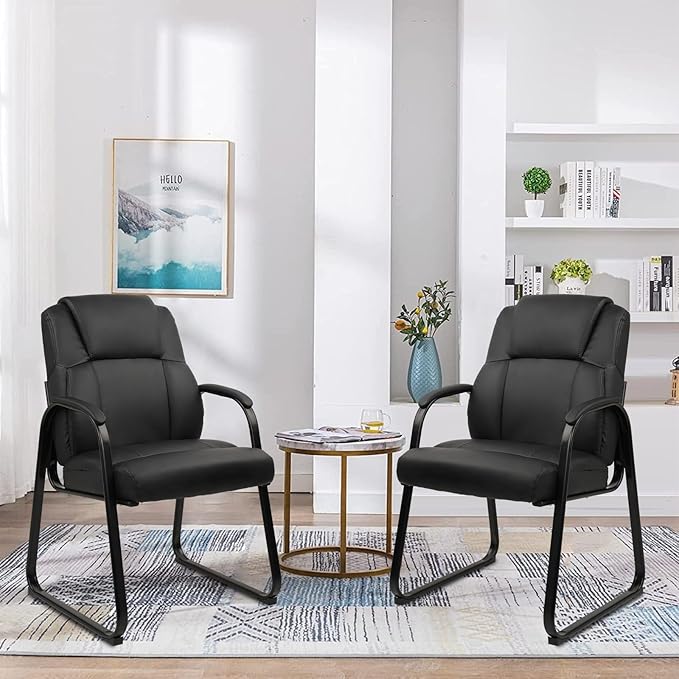CLATINA Leather Guest Chair with Padded Arm Rest for Reception Meeting Conference and Waiting Room Side Office Home Black with Sled Base 1 Pack