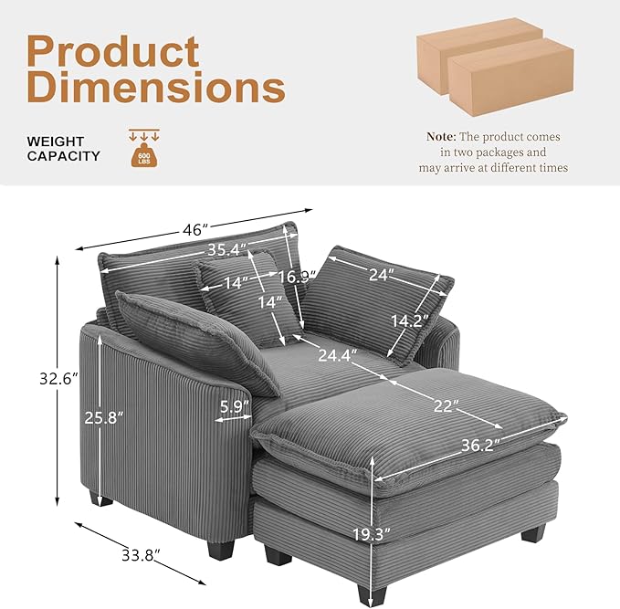 Furniliving Oversized Accent Chair with Ottoman Luxury Corduroy Single Sofa Upholstered Deep Seat Chaise Lounge with Pillows for Living Room Bedroom Apartment Grey