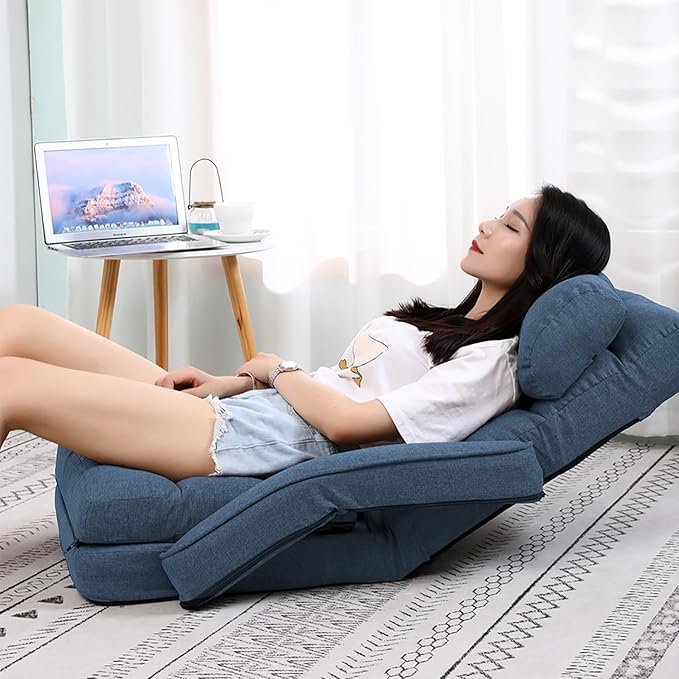 FLOGUOR 42-Position Adjustable Floor Chair Chaise Lounge Indoor Folding Lazy Sofa with Armrests and a Pillow Padded Adults Gaming Chairs for Living Room Bedroom Factory Price 8803XM (Blue)