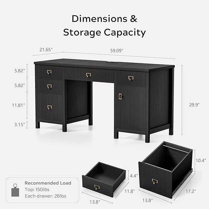 59 Executive Desk with File Drawers Cabinet Modern Computer Desk with Charging Station Keyboard Tray Large Home Office Desk Farmhouse Wood Desk for Study Writing Black
