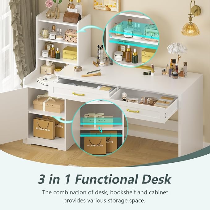 60 Computer Desk with Drawers &amp Bookshelves Home Office Desk with Storage Cabinet &amp Spacious Desktop Writing Gaming Study Table with Bookcase White