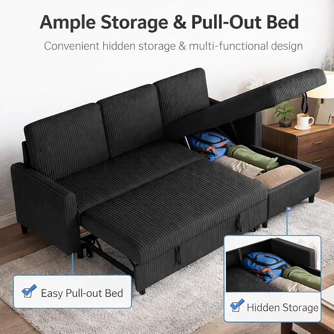 JAMFLY Pull Out Sleeper Sofa Bed with Storage Chaise L-Shaped Corduroy Sectional Couch 3-Seater Convertible Sofa with Hidden Storage for Small Living Room Apartment Office Black