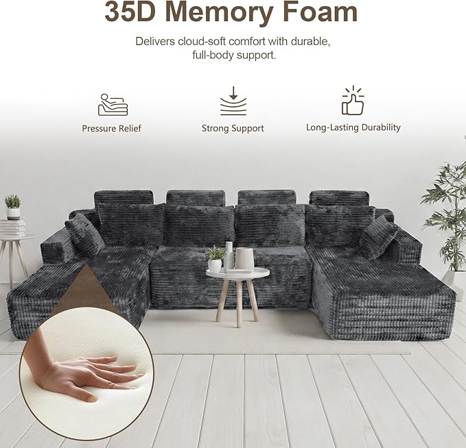 134 U-Shape Oversized Cloud Boneless Sofa Couch with Chaise Modern Modular Sectional Comfy U-Shape Cloud Couch Deep Seat No Assembly Required (Grey) | Boneless Sofa Ergonomic Design