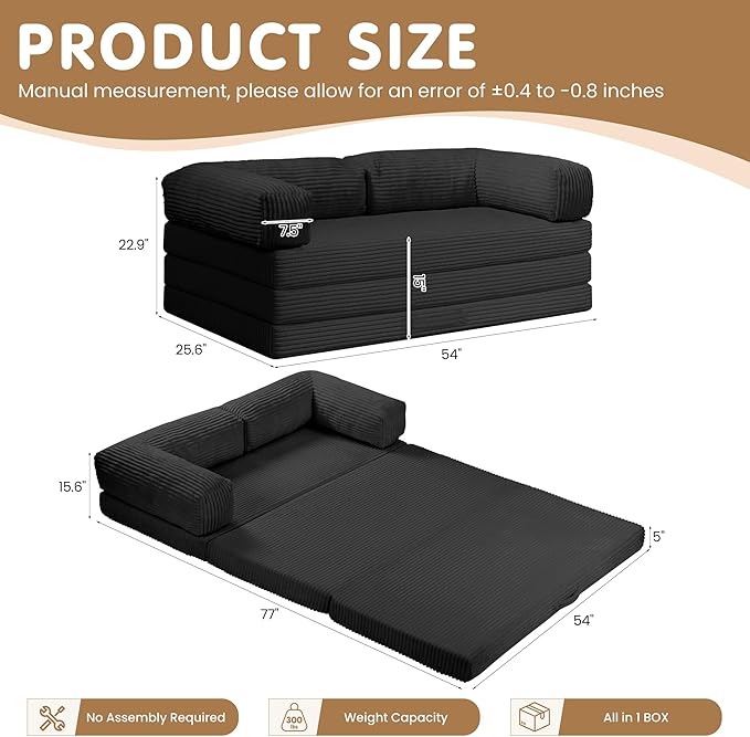 Convertible Sofa Bed Full5-in-1 Tri-Fold Boneless Couch with Removable Armrests &amp HandleCorduroy Futon Sleeper SofaFloor Folding Mattress Pull Out Bed for Small Space Apartment Living Room Bedr