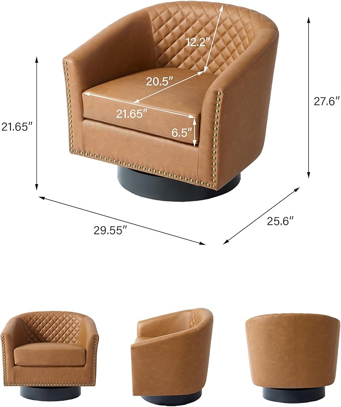 Swivel Barrel Accent Chair Comfy Modern Upholstered Round Faux Leather Arm Chair for Living Room Bedroom（Coffee Set of 1