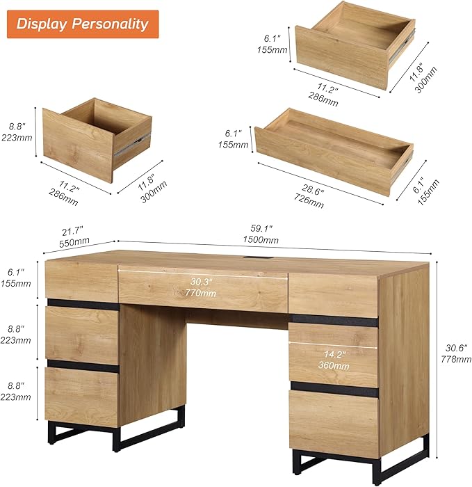 WAMPAT 59 Inch Modern Home Office Desk with Charging Station Wood Computer Writing Desk with 7 Deep Drawers Oak Executive Desk Study Table for Living Room Home Office