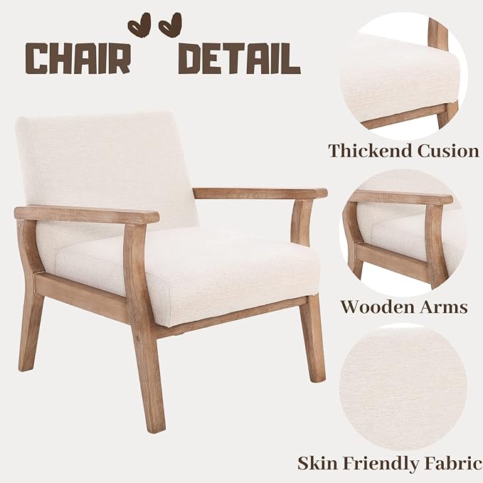 Beige Accent Chair Set of 2 Mid Century Modern Living Room Armchair Wood Sitting Chair Linen Fabric Upholstered Side Chair for Bedroom Cream