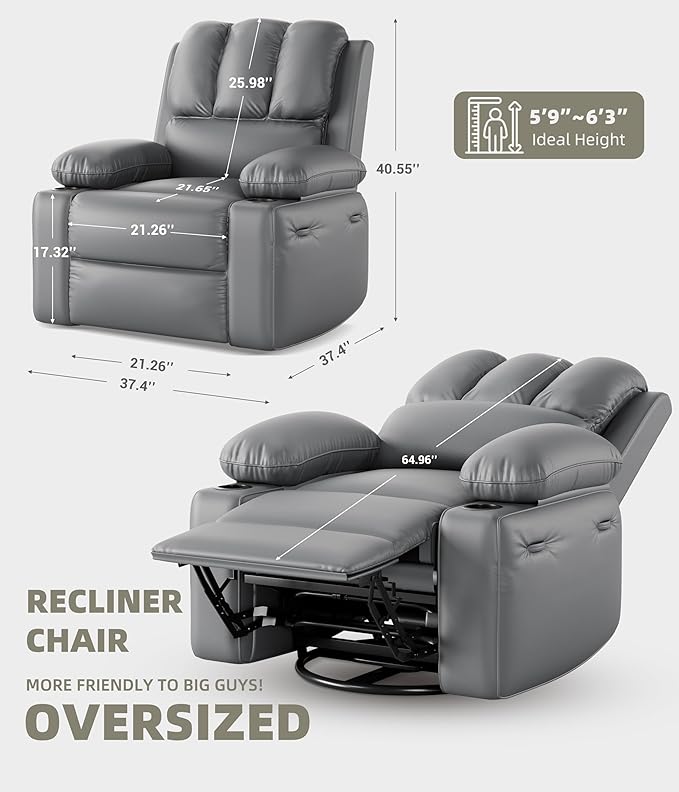 GarveeHome Oversized Recliner Chairs with 1.5X Sponge Filling 360° Swivel Lazy Recliner Chair for Adults Manual Rocking Chair with Cup Holder for Living Rooms Bedrooms and Nurseries