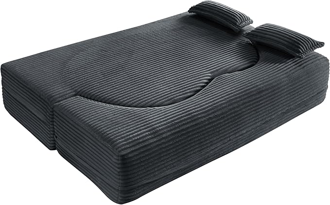 2 in 1 Folding Floor Couch Sofa Bed with 2 Pillows Convertible Sleeper Sofa Modern Full Mattress for Living Room Guestroom Plush Corduroy Floor Sofa BedNo Assembly RequiredDark Grey