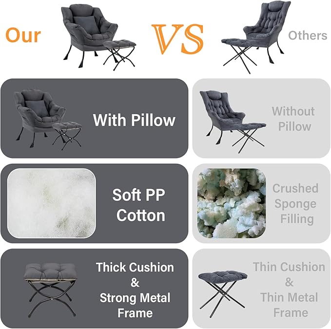Lazy Chair with Ottoman Comfy Reading Lounge Chair with Footstool &amp Throw Pillow Modern with Armrests &amp Side Pocket for Living Room Bedroom Dorm Room Dark Grey