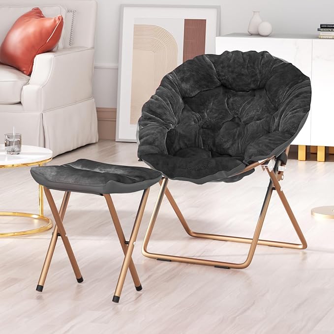 Foldable Oversized Moon Chair with Footrest Large Faux Fur Round Saucer Moon Chair with Folding Footrest Stool for Teens and Adults