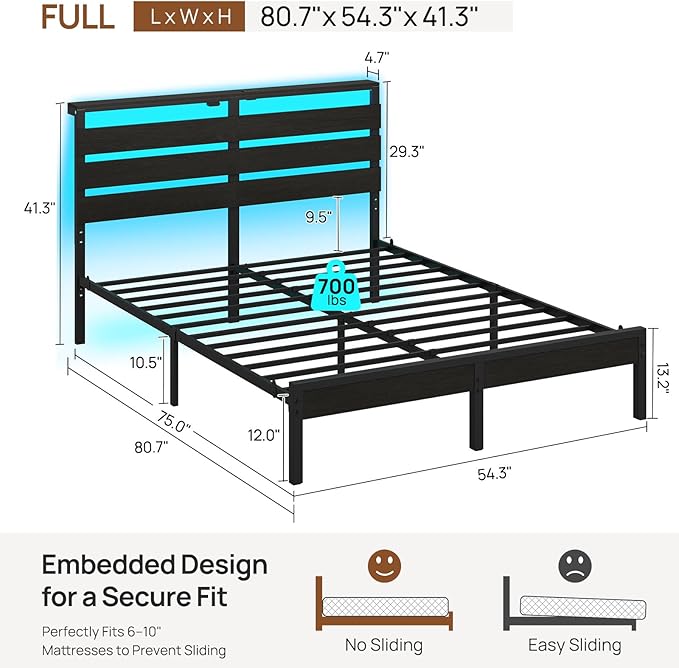 Rolanstar Full Size Bed Frame with LED Lights and Charging Station Wood Storage Headboard and Under Bed Storage Metal Platform Noise Free No Box Spring Needed Balck Oak