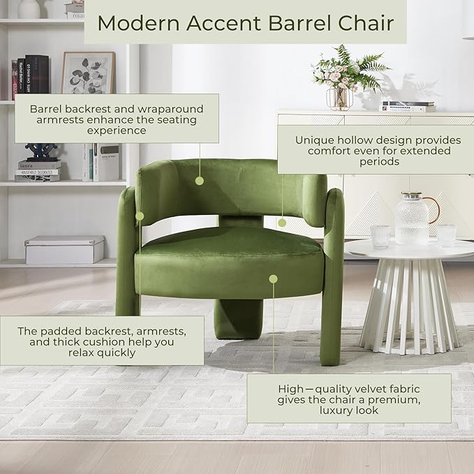 Barrel Accent Chair Mid Century Modern Upholstered Living Room Chairs with Wooden Legs Comfy Velvet Reading Arm Chair for Bedroom Makeup Room Green