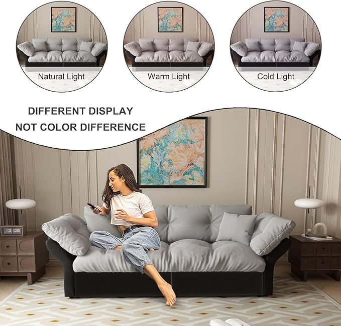 74.8-Inch Queen Size Pull-Out Sofa Bed 3-in-1 Convertible Velvet Loveseat Couch with Tufted Back &amp 2 Pillows Grey
