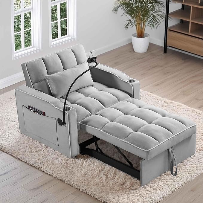 Convertible Chair Bed 3 in 1 Sofa Bed Chair with Adjustable Backrest &amp Cup Holder &amp Charging Station Small Space One Person Couch for Apartment Office Living Room Bedroom (Grey)