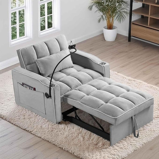 Convertible Chair Bed 3 in 1 Sofa Bed Chair with Adjustable Backrest &amp Cup Holder &amp Charging Station Small Space One Person Couch for Apartment Office Living Room Bedroom (Grey)
