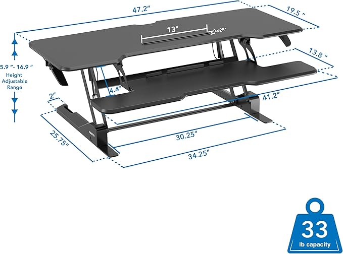 Mount-It! 47 Standing Desk Converter XL Desktop Sit-Stand Desk Riser with Gas Spring Height Adjustment Wide Desk Topper for Dual Monitors or Monitor &amp Laptop Keyboard Tray Black