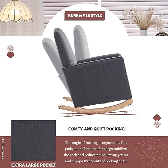 Modern Rocking Chair Nursery Comfy Glider Nursery Chair with Foot Rest Upholstered Rocker with Pocket Accent Reading Armchair with Solid Wood Base for Living Room Bedroom Lounge Room (Dark Gray)