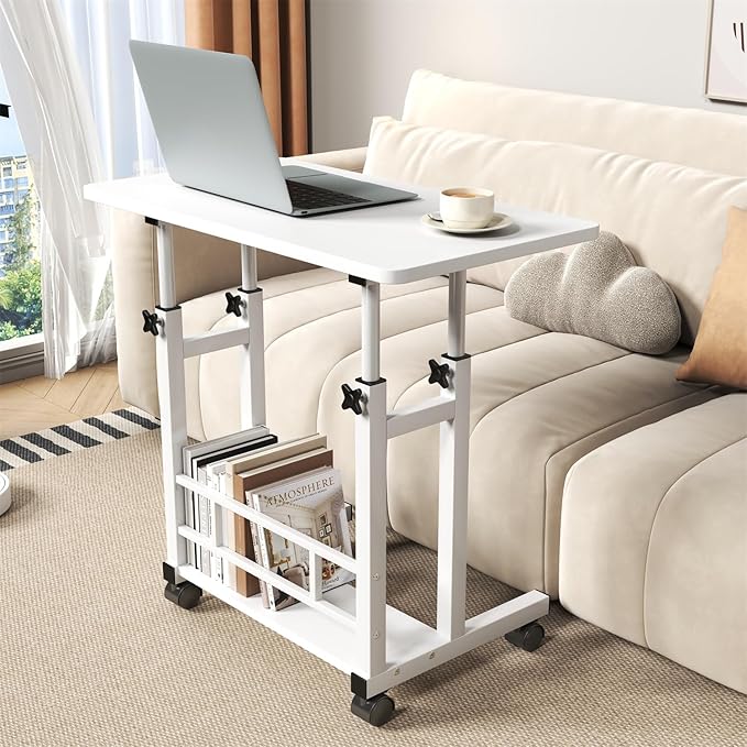 Adjustable Height Mobile Computer Desk for Small Space Rolling Writing with Wheels Corner Home Office Study Portable Bedrooms Work Desk Standing Table 31.5x15.75 Inches Height 27.16-35.43 White