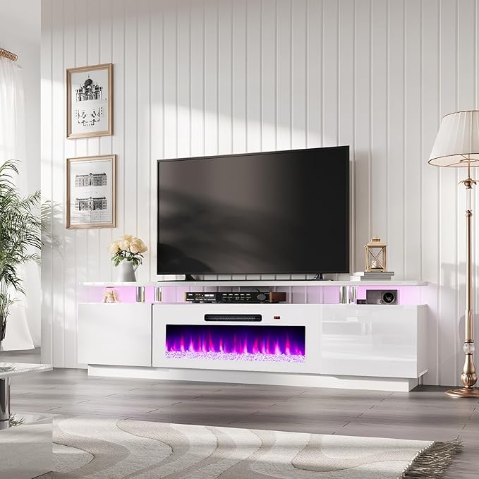 AMERLIFE Fireplace TV Stand with 40 Fireplace 80 Modern Fireplace Entertainment Center LED Lights 2 Tier TV Console Cabinet for TVs Up to 90 White &amp White