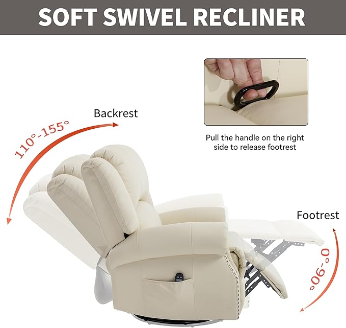 PELUMY Breathable Leather Swivel Rocking Recliner Chair for Adults 360° Swivel Glider Rocker with Heat &amp Vibrating Massage Lounge Chair for Living Room Bedroom Nursery (Creamy Beige)