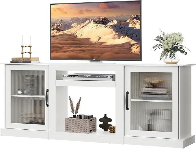 WLIVE Farmhouse TV Stand for 75 inch TV Entertainment Center with Storage Cabinets Mid Century Modern TV Console for Living Room Bedroom White