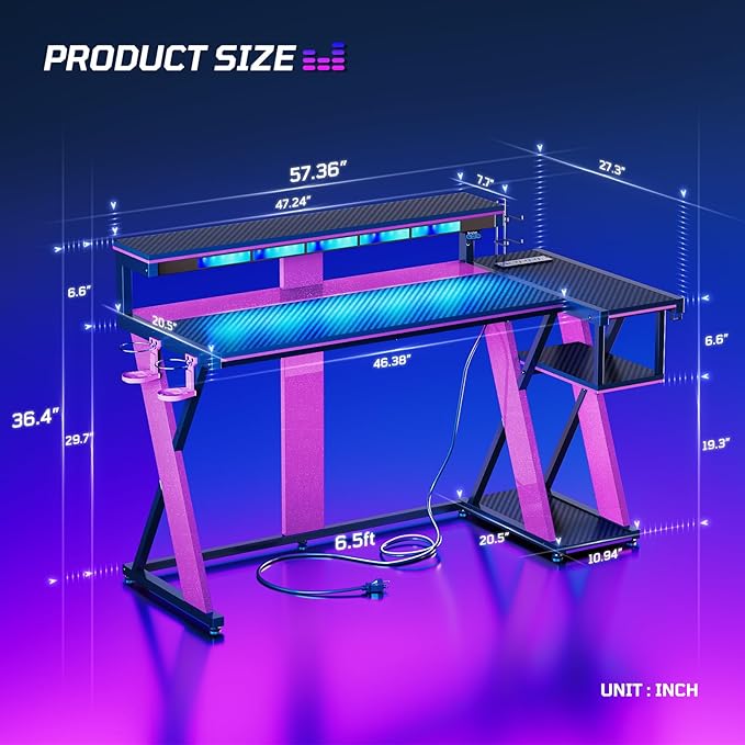 Bestier Computer Desk with Music Sync Light Flow Vibe Corner Desk with Monitor Stand and PS5 Storage Shelves Cup Holders and Headset Hooks for Bedroom Small Space (Black Purple 57 Inch)