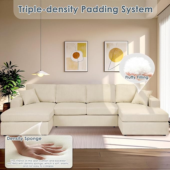 Dreamzie 120” Sectional Couches for Living RoomU Shaped Modular Sofa Couch with Double Oversized Chaise 4 Seat Corduroy Beige