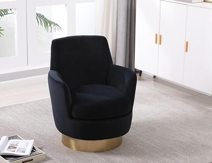 KEIKI Velvet 360° Swivel Barrel Chair with Gold Stainless Steel Base Accent Round Single-seat Upholstered Reading Sofa Armchair for Nursery Reading Living Room Bedroom Lounge Hotel Black Velvet