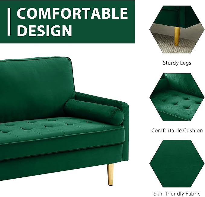 66.9“ Loveseat SofaModern Velvet Small CouchButton Tufted Upholstered Furnituremini CouchSmall loveseat with 2 PillowsSuitable for Living Room Bedroom Apartment. (Green)