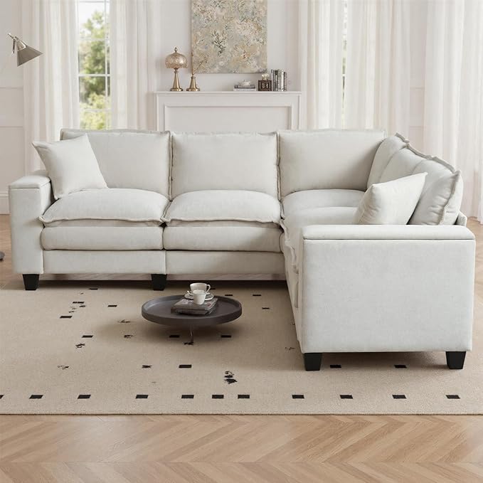 97 5 Seater L Shaped Couch Corner Sofa Oversized Cloud Couch with 2 Pillows Chenille Modular Sectional Sofa Armrests with Two Hidden Storage Space Sectional Couches for Living Room Beige