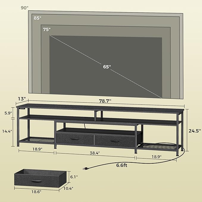 Huuger 79 Inch TV Stand for 85 90 Inch TV Entertainment Center with LED Lights and Power Outlets TV Console with Drawers Shelves Type C PU Leather Surface for Living Room Black