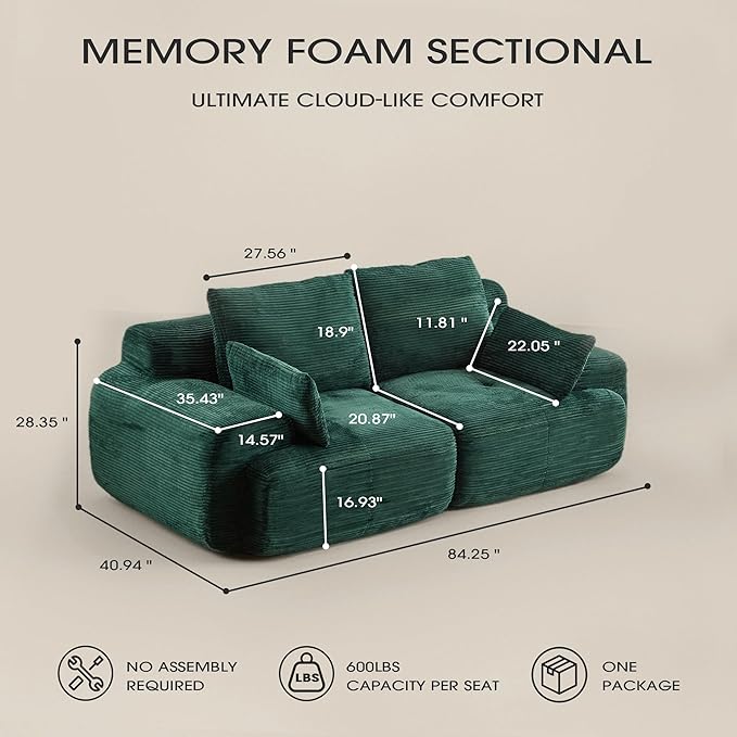 Round 84 Loveseat Sectional Sofa Cloud Couch with Armrests for Small Spaces Corduroy Fabric Green