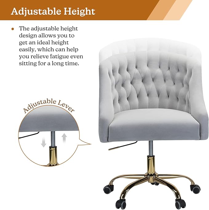Velvet Home Office Chair with Gold Base Comfortable Modern Cute Desk Chair Adjustable Swivel Task Chair for Living Room Bedroom Vanity Study Grey
