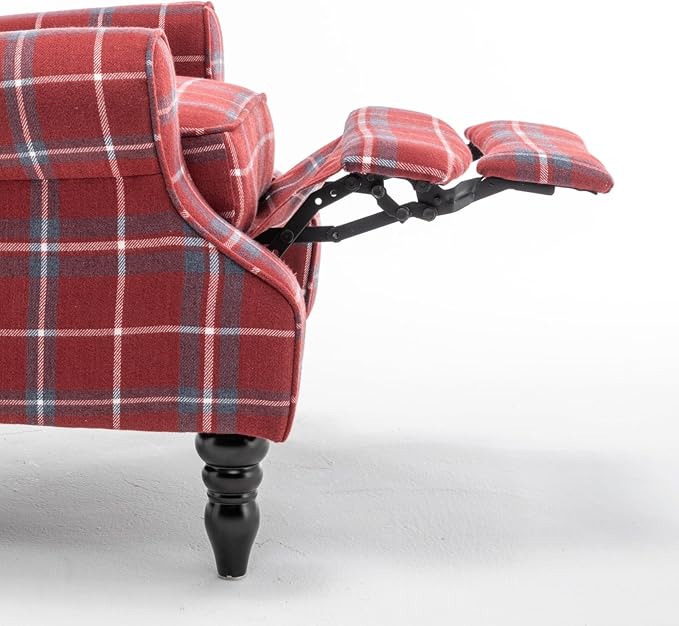 Upholstered Wingback Recliner Chair Plaid Recliner Chair Armchair Adjustable Footrest Push Back Reclining Sofa Mid-Century Modern Lounge Armchair for Living Room Bedroom Reading - Red