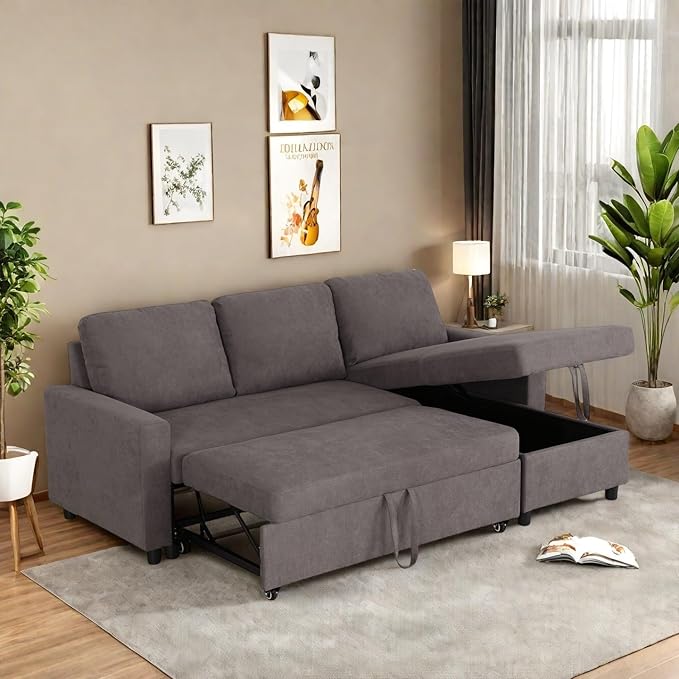 FONTOI 83 Inch L Shaped Sectional Couch with Pull Out Bed 3-Seat Sleeper Sofa with Chaise Convertible Sofa Bed for Living Room Apartment Gray