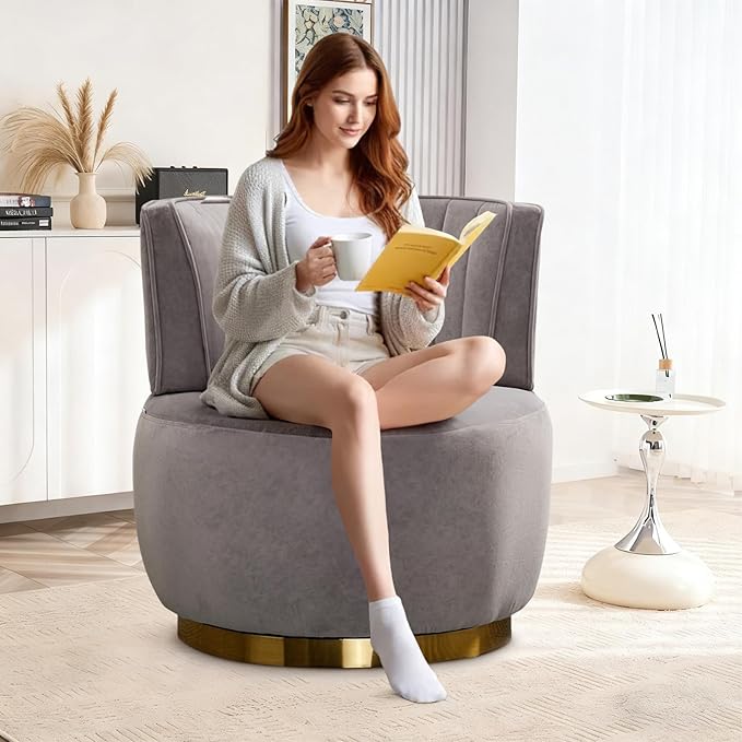 360 Degree Swivel Accent Chair Comfy Round Swivel Barrel Chair with Mental Base Upholstered Cozy Reading Armchairs Modern Lounge Sofa Chairs for Living Room Bedroom Club Office(Velvet Gray)