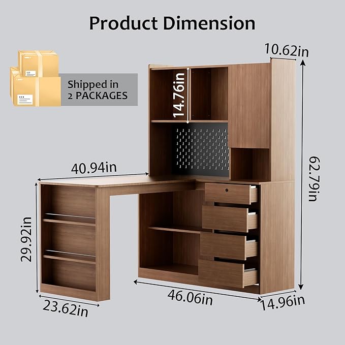 L Shaped Desk with Hutch Wooden Home Office Desk with 4 Drawers Storage Cabinet Charging Station Corner Writing Computer Desk(Left Side Desk Brown)