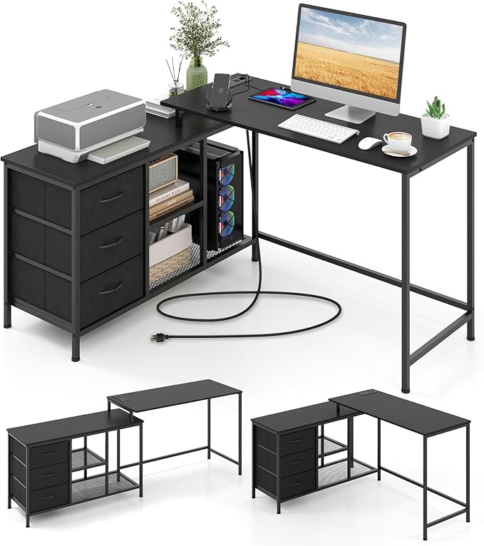 Giantex L Shaped Computer Desk with Drawers 81 Convertible Corner Desk with Charging Station and Storage Shelves Study Writing Desk Modern Long Corner Gaming Table for Home Office (Black)