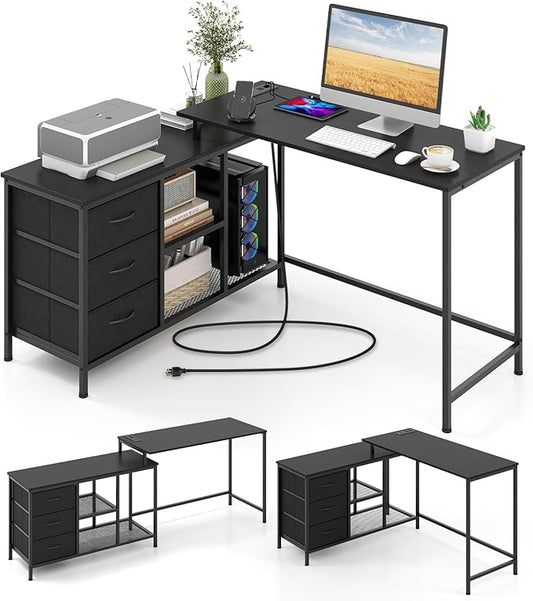 Giantex L Shaped Computer Desk with Drawers 81 Convertible Corner Desk with Charging Station and Storage Shelves Study Writing Desk Modern Long Corner Gaming Table for Home Office (Black)