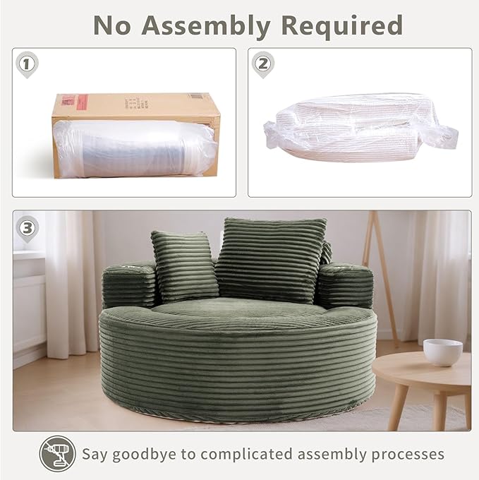 55 Green Oversized Round Boneless Couch Sofa Velvet Memory Foam Cloud Couches Lounge Chair Comfy Fluffy Single Sofa with 3 Pillows for Living Room Bedroom No Assembly Required (Green.)