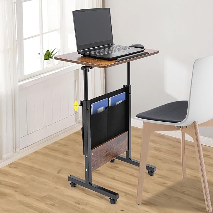 Movable Standing Desk Adjustable Height&ampAngle Rolling Computer Stand Laptop Podium Desk Lectern Portable Tilting Top Mobile Standing Lifting Desk for Office Classroom School (Brown w/ Storage B