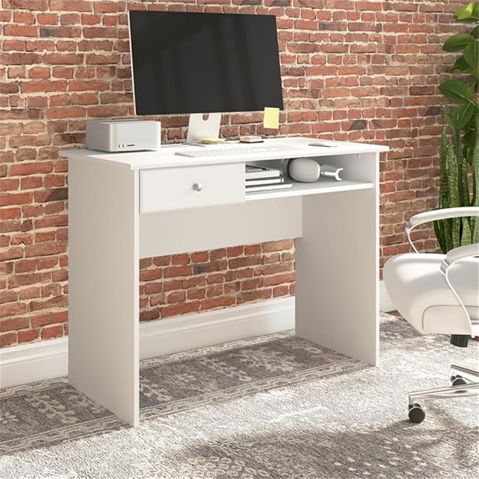 Bush Home Cabot 40W Small Writing Desk with Drawer and Shelf in White Compact Work Table for Home Office or Living Room