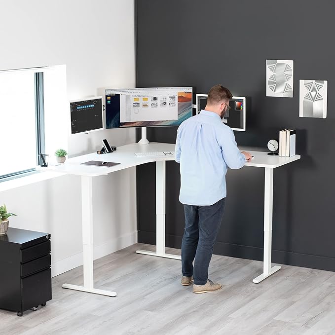 VIVO Electric Height Adjustable 71 x 71 inch Curved Corner Stand Up Desk White Table Top White Frame Memory Controller L-Shaped Workstation E3C Series DESK-KIT-E3CWW