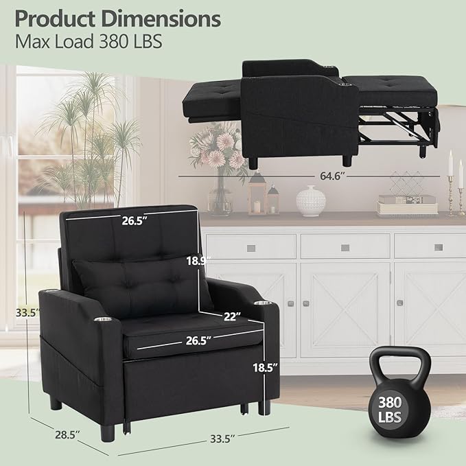4-in-1 Convertible Sleeper Chair Bed Couch Bed with 5-Level Adjustable Backrest Futon Sofa Bed with USB Port&amp Cup Holder Multi-Functional Chaise Lounge Chair Sleeper Sofas for Living Room