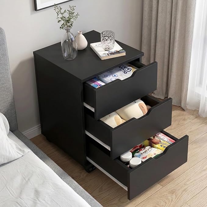 3 Drawer File Cabinet for Home Office 3-Drawer Vertical Filing Cabinet Rolling Wood Mobile File Cabinets Under Desk for Home Office with Casters (Black)
