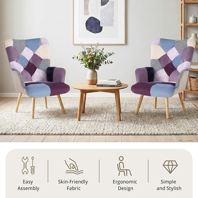 Joysoul Living Room Accent Chair Modern High Back Arm Chair Houndstooth Pattern Bohemian Style Chairs for Bedroom Waiting Room (Purple Plaid)