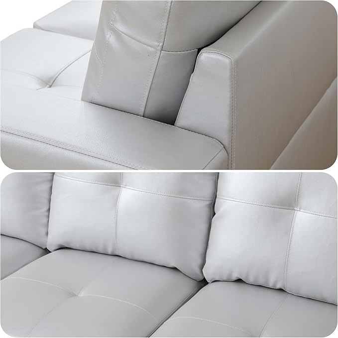 103.5 Inch Modern L-Shaped Couch PU Leather Sectional Sofa with Chaise Lounge 4-Seater Couch with Accent Pillows for Living Room Apartment Silver Grey