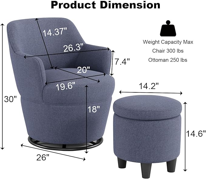 Upholstered Swivel Chair with Storage Ottoman360° Swivel Accent Lounge Sofa with Metal BaseComfortable Cotton Linen Barrel Reading Armchair for Living Room Bedroom Office (Blue)