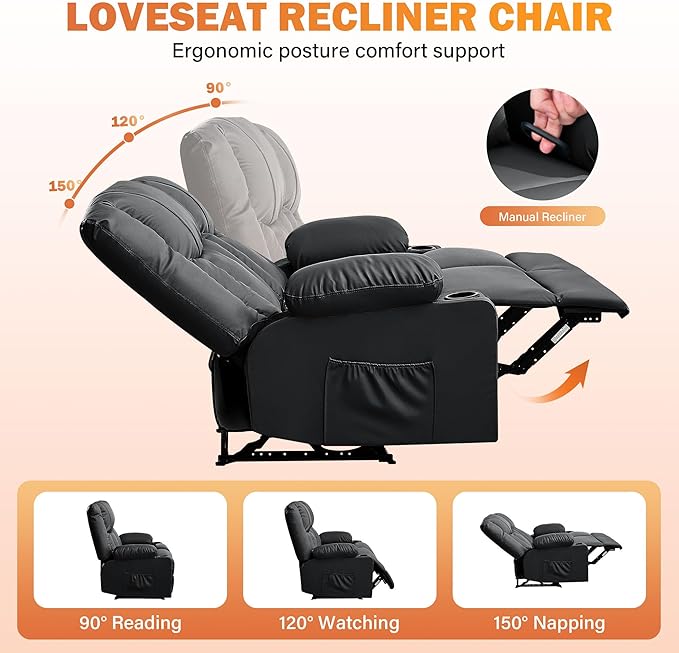 Black Leather Reclining Loveseat with Massage/Heat/Pillow/USB/Cup Holders Oversized Loveseat Recliner for Living Room Manual Reclining Sofa for Adults 700 Lbs Capacity (Black)